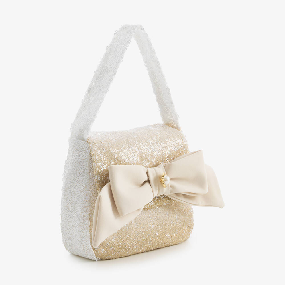Patachou-Girls White & Gold Ombré Sequin Handbag with Bow (19cm) | Childrensalon