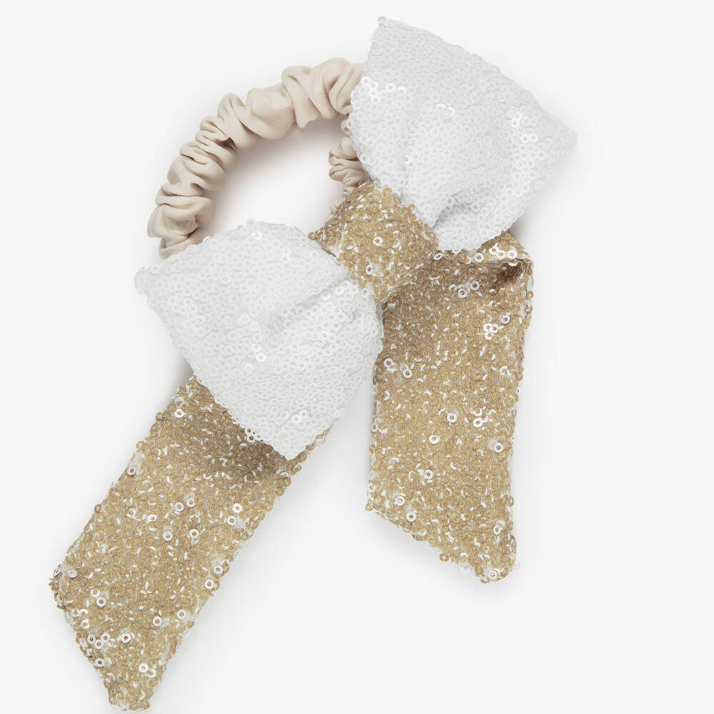 Patachou-Girls White & Gold Sequinned Bow Hair Tie (14cm) | Childrensalon
