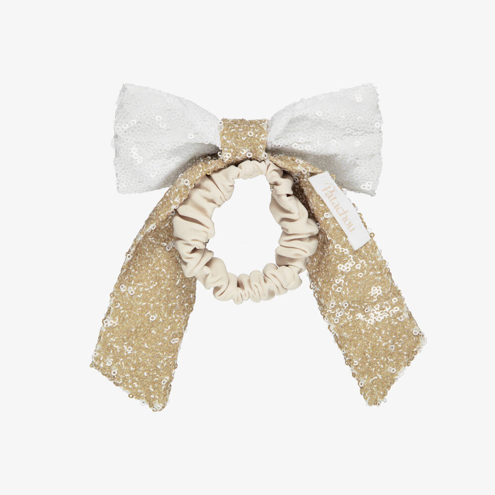 Patachou-Girls White & Gold Sequinned Bow Hair Tie (14cm) | Childrensalon