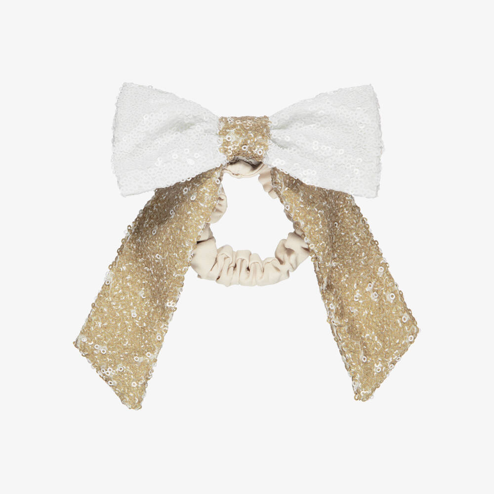 Patachou-Girls White & Gold Sequinned Bow Hair Tie (14cm) | Childrensalon