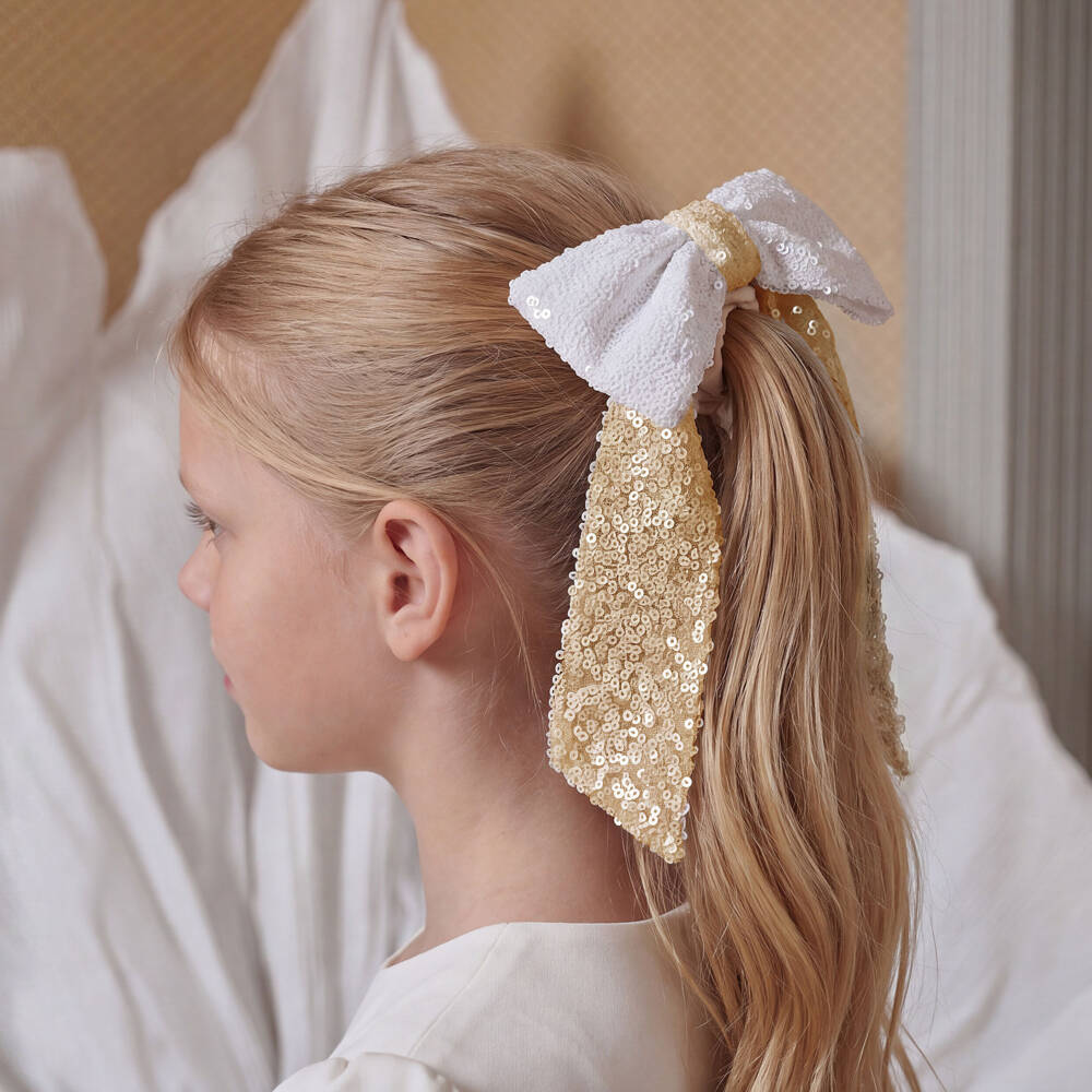 Patachou-Girls White & Gold Sequinned Bow Hair Tie (14cm) | Childrensalon