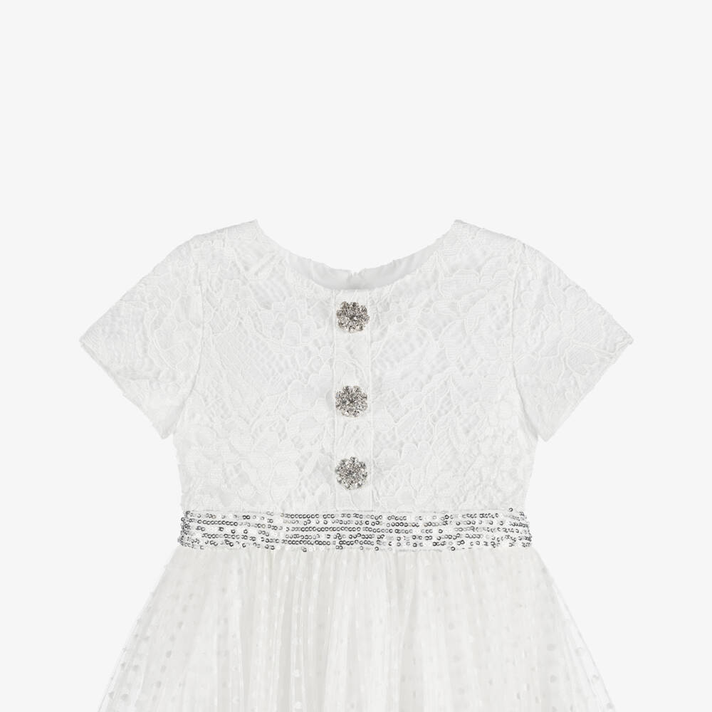 Patachou-Girls White Lace & Tulle Dress with Diamanté Buttons | Childrensalon
