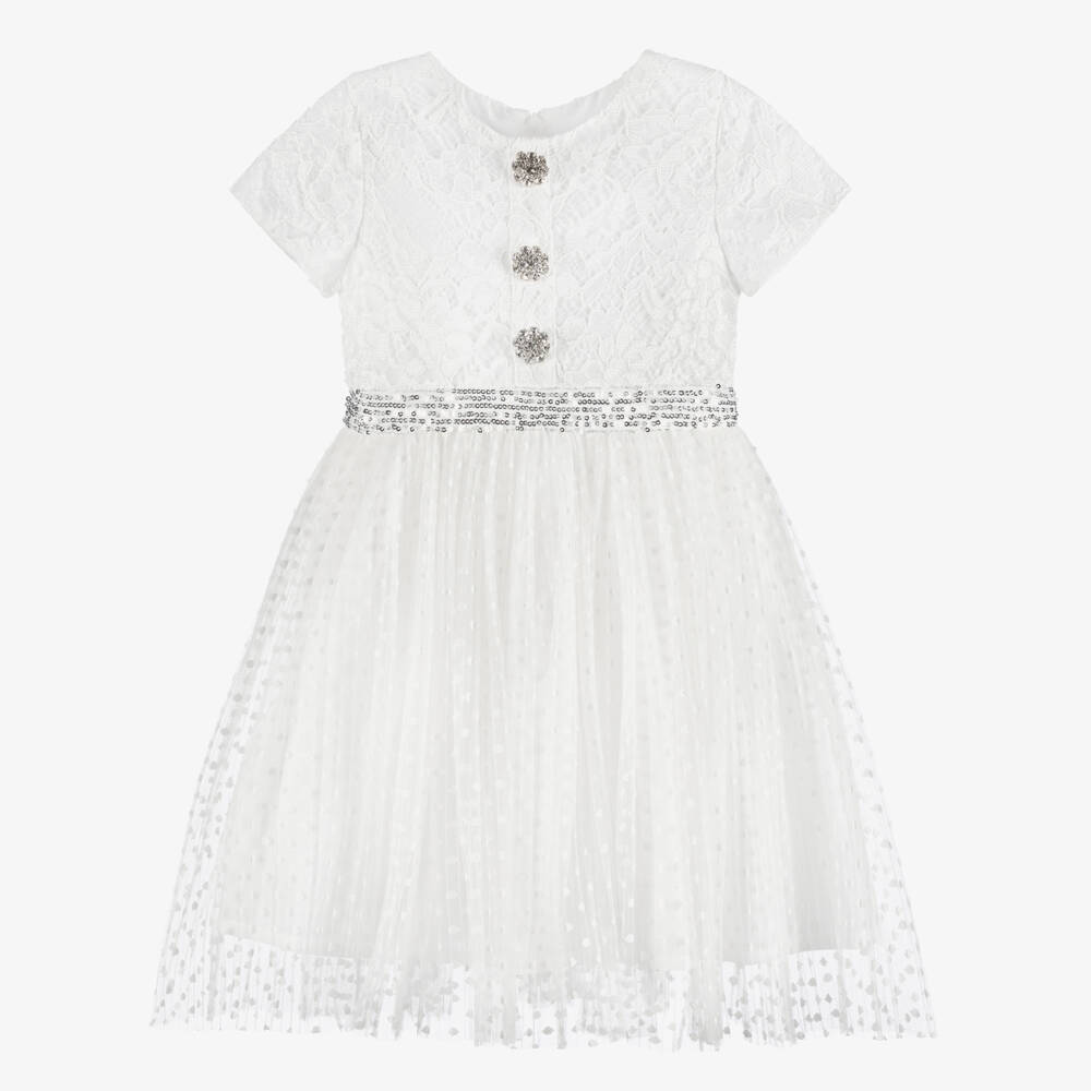 Patachou-Girls White Lace & Tulle Dress with Diamanté Buttons | Childrensalon