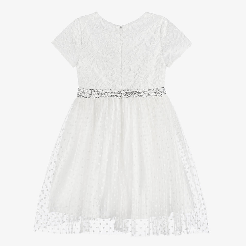 Patachou-Girls White Lace & Tulle Dress with Diamanté Buttons | Childrensalon