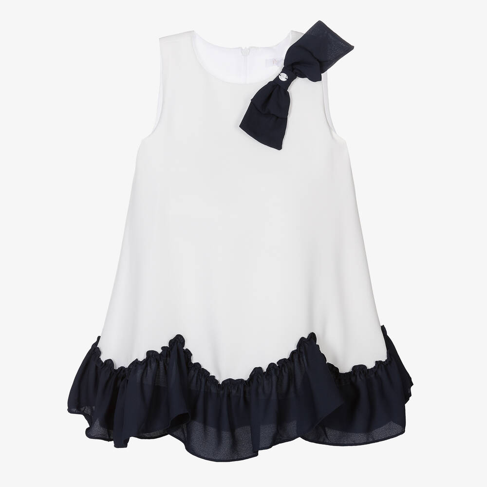 Nautinati Blue & White Japanese Satin Dress With a Bow for Girls
