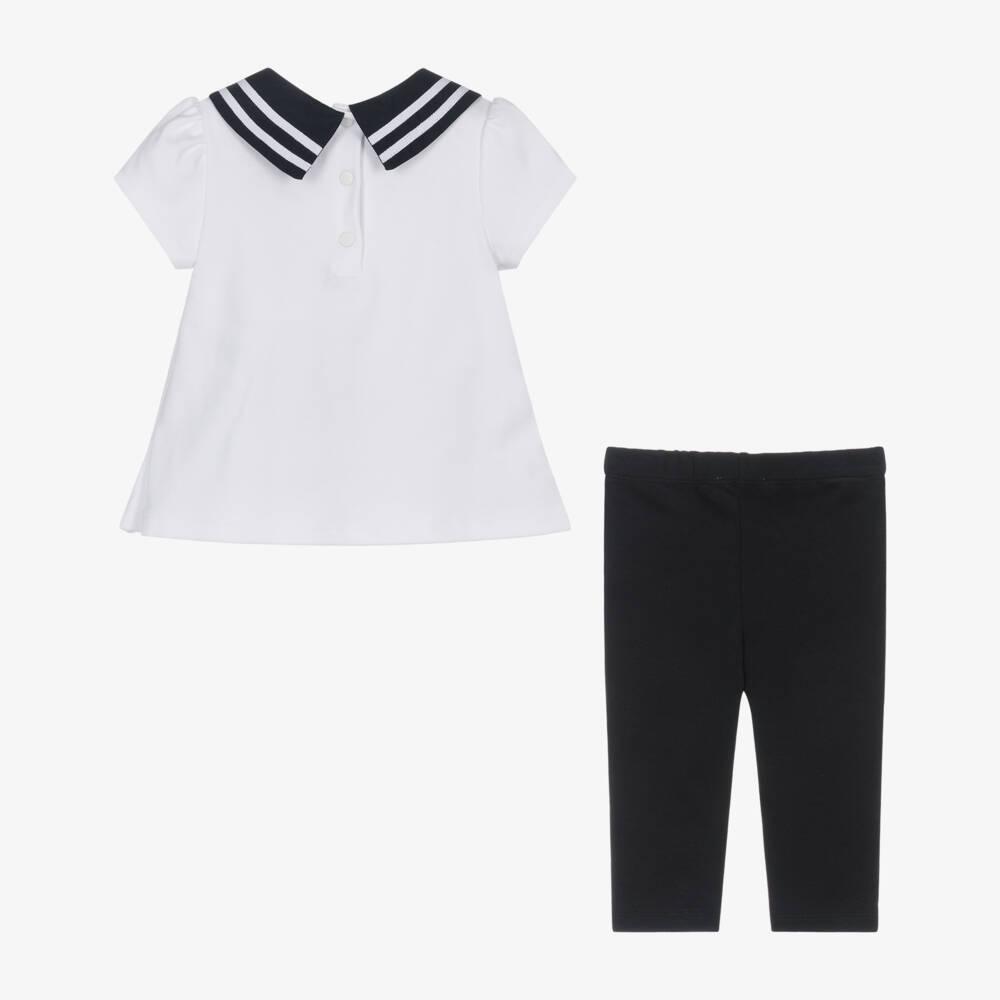 Patachou-Girls White & Navy Blue Cotton Jersey Leggings Set | Childrensalon