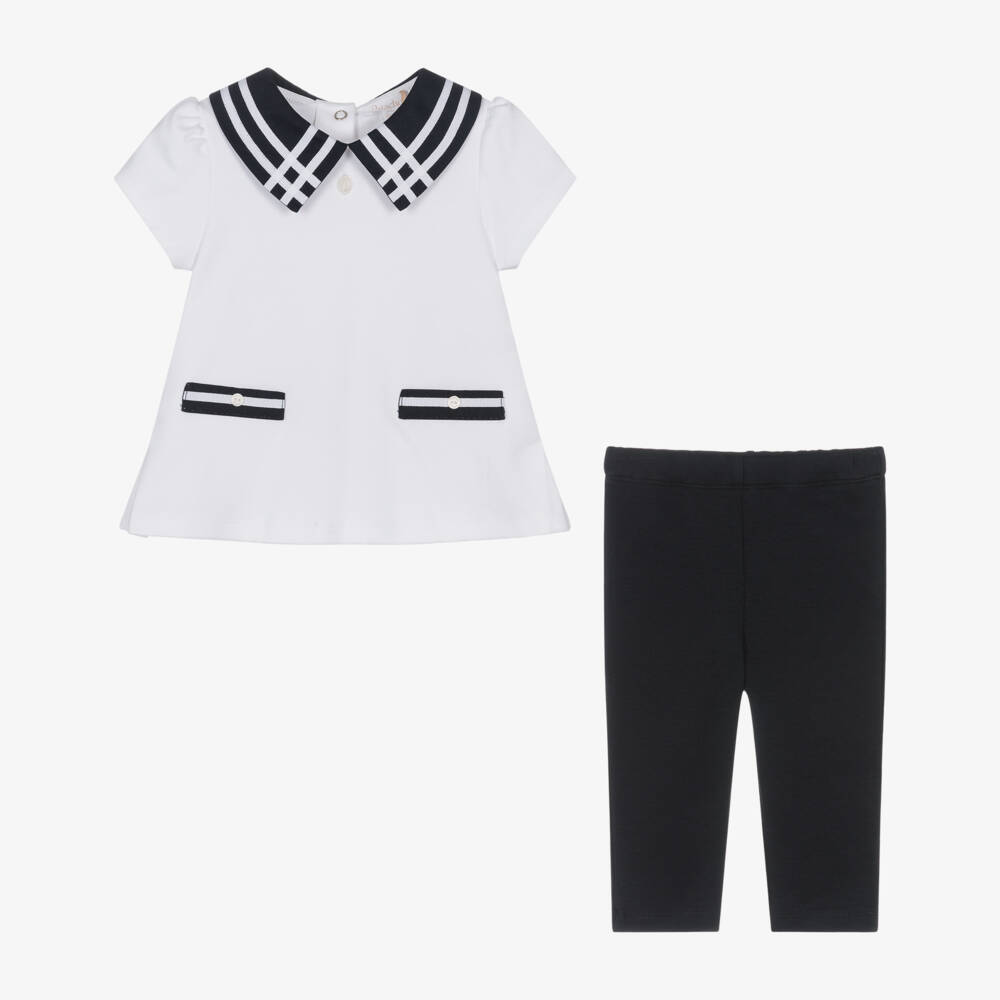 Patachou-Girls White & Navy Blue Cotton Jersey Leggings Set | Childrensalon