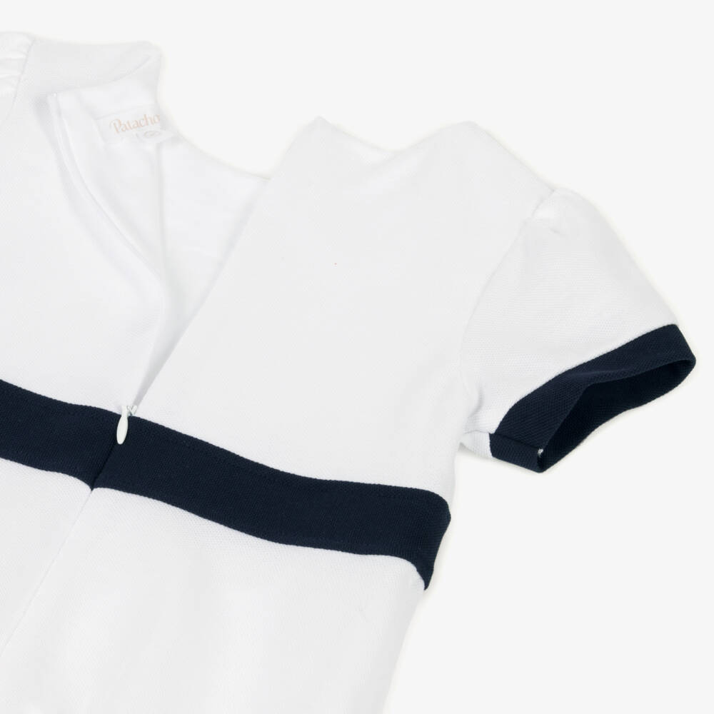 Patachou-Girls White & Navy Blue Cotton Piqué Dress | Childrensalon