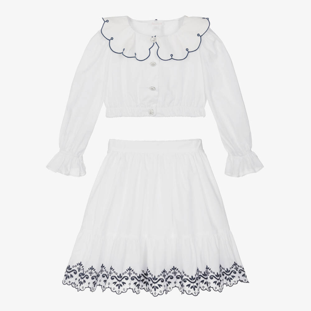 Patachou-Girls White & Navy Blue Embroidered Cotton Skirt Set | Childrensalon