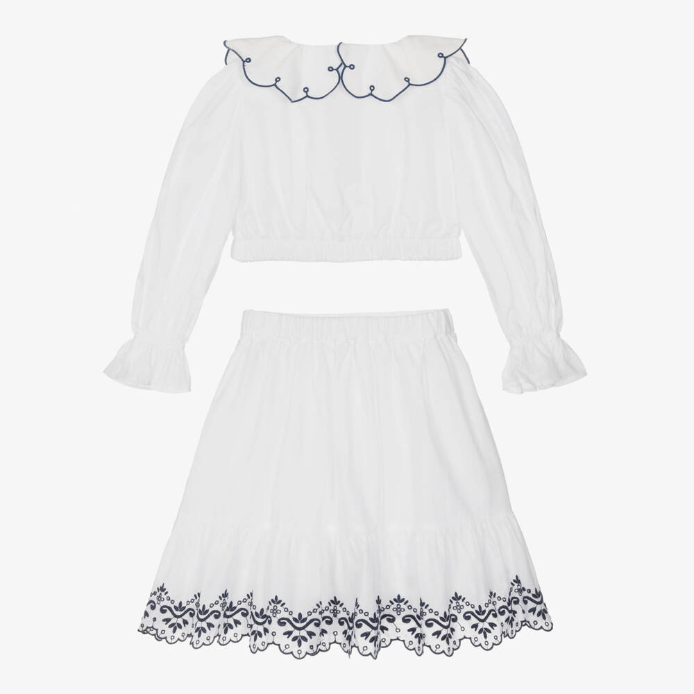 Patachou-Girls White & Navy Blue Embroidered Cotton Skirt Set | Childrensalon