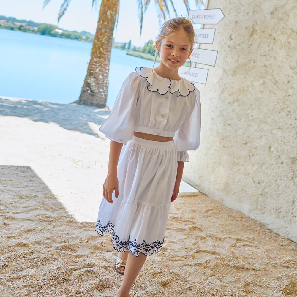 Patachou-Girls White & Navy Blue Embroidered Cotton Skirt Set | Childrensalon