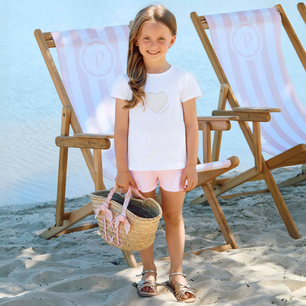 Patachou-Girls White & Pale Pink Cotton Heart Shorts Set | Childrensalon