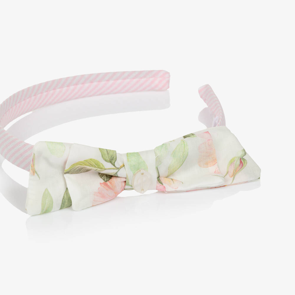 Patachou-Girls White & Pale Pink Striped Hairband | Childrensalon