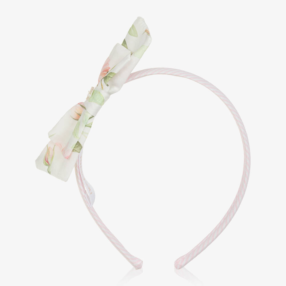 Patachou-Girls White & Pale Pink Striped Hairband | Childrensalon