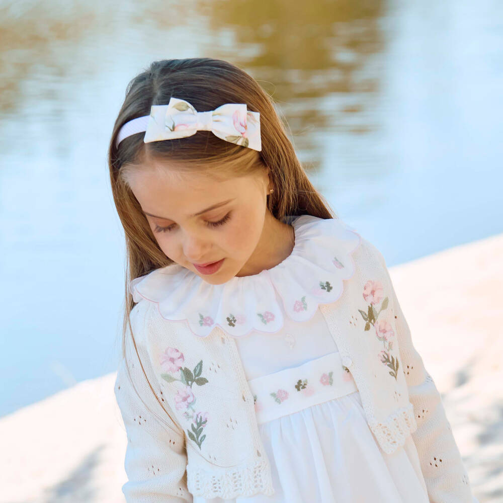Patachou-Girls White & Pale Pink Striped Hairband | Childrensalon