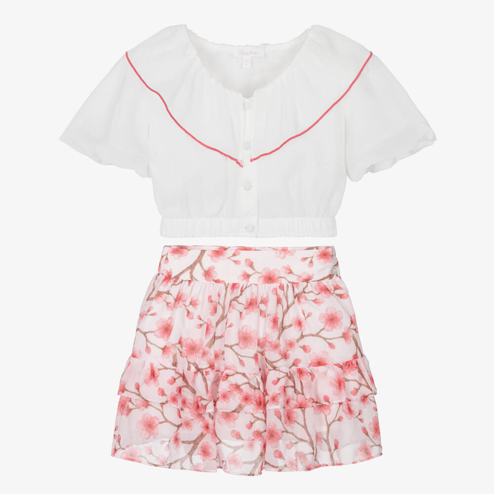 Patachou-Girls White & Pink Cherry Blossom Chiffon Skirt Set | Childrensalon