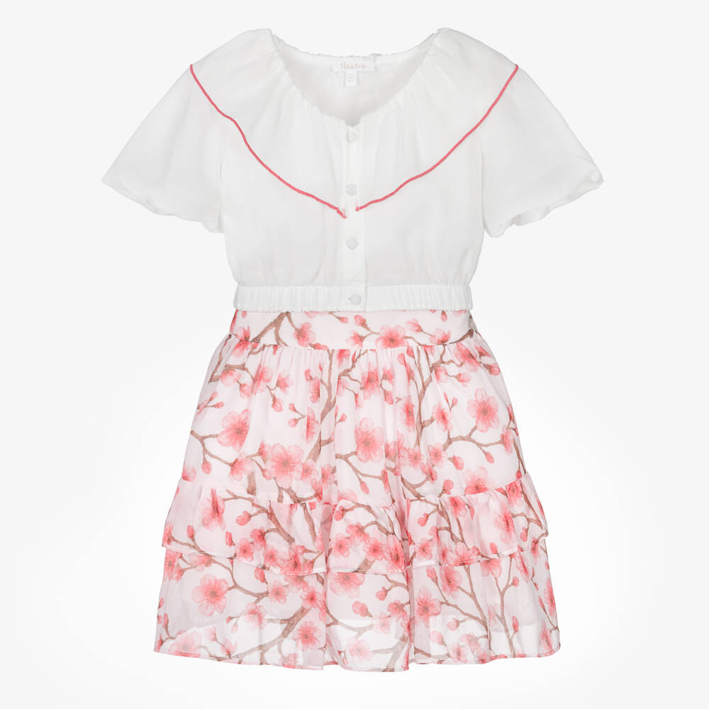 Patachou-Girls White & Pink Cherry Blossom Chiffon Skirt Set | Childrensalon