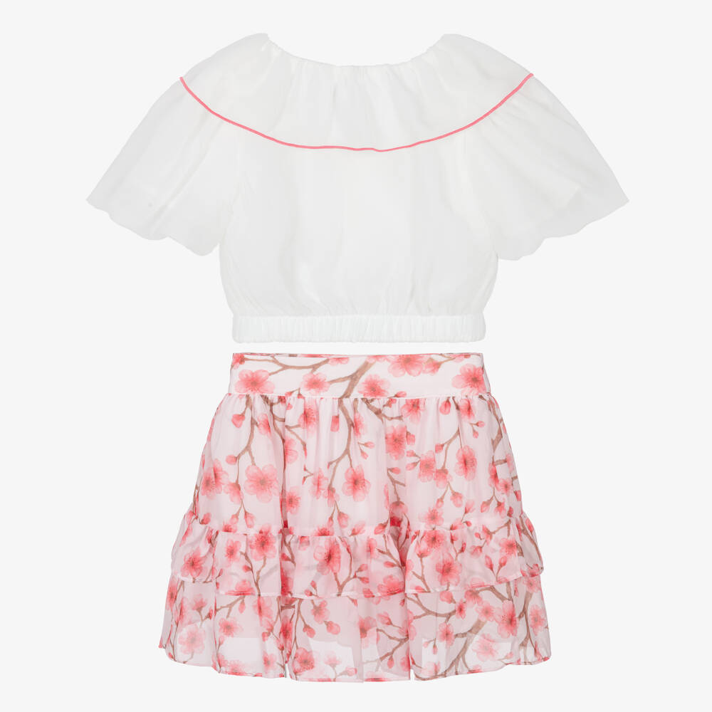 Patachou-Girls White & Pink Cherry Blossom Chiffon Skirt Set | Childrensalon