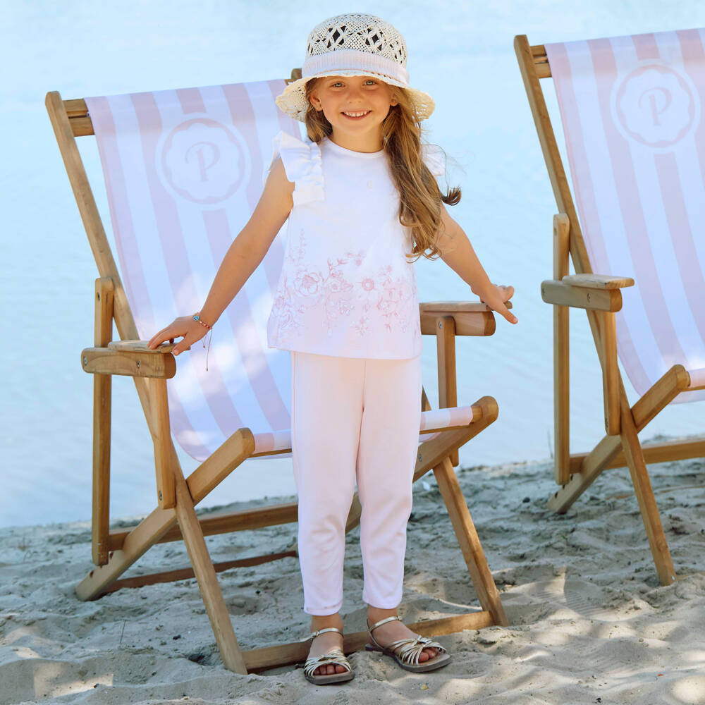 Patachou-Girls White & Pink Cotton Floral Leggings Set | Childrensalon