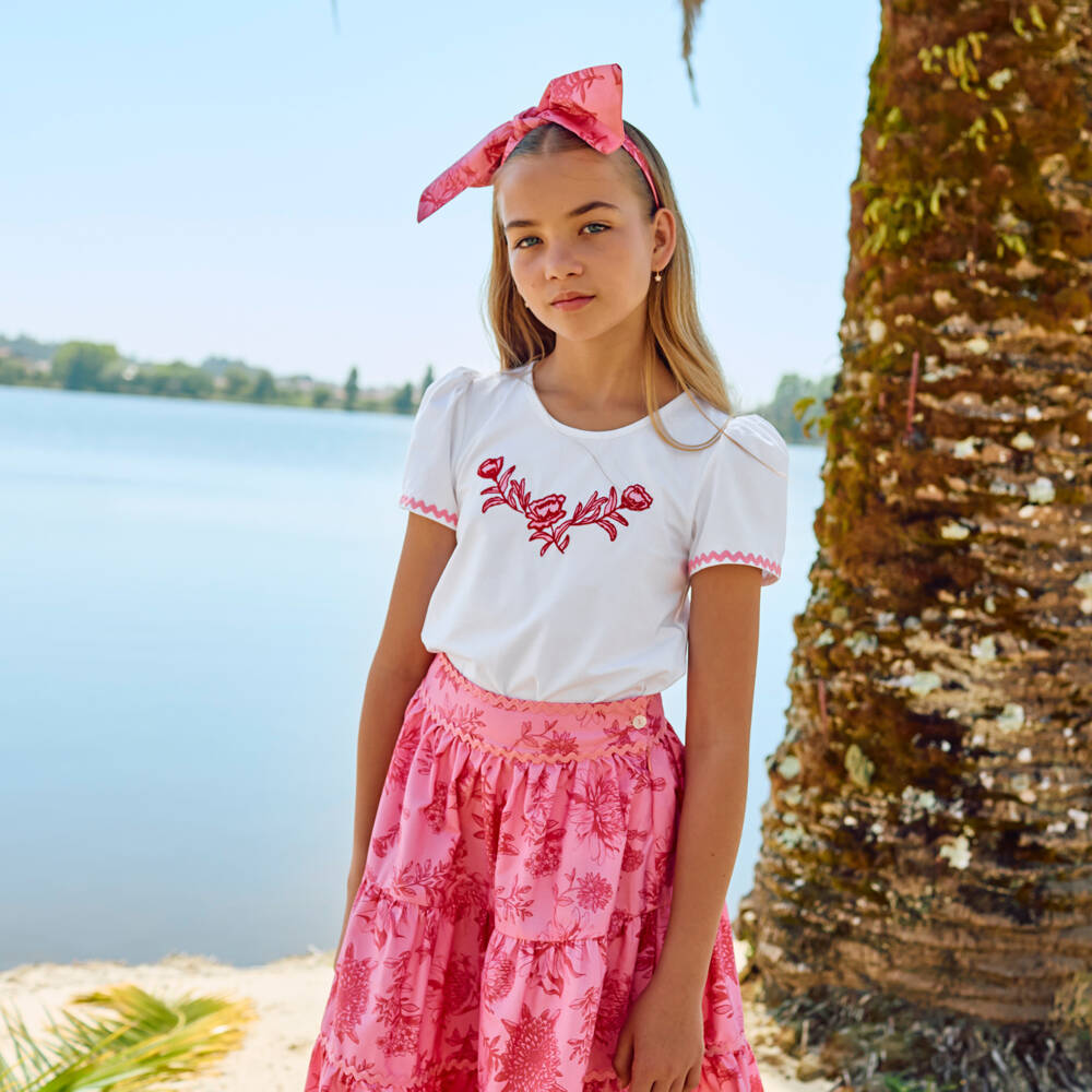 Patachou-Girls White & Pink Cotton Floral Skirt Set with Ric Rac Trims | Childrensalon