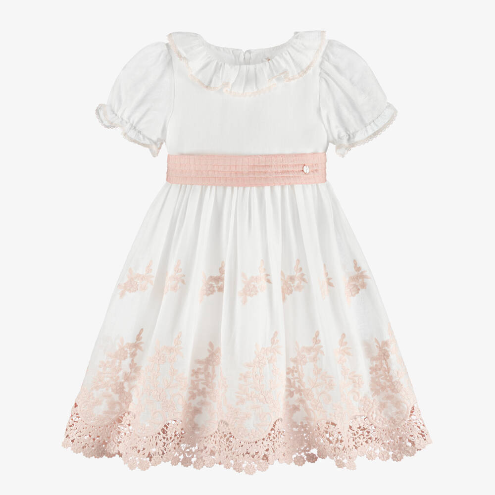 Patachou-Girls White & Pink Floral Embroidered Dress | Childrensalon