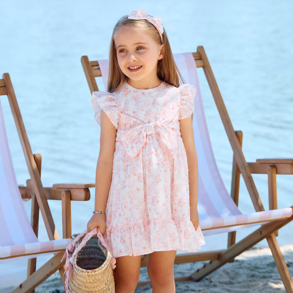 Patachou-Платье бело-розовое из хлопка плюмети с цветочным узором для девочек | Childrensalon