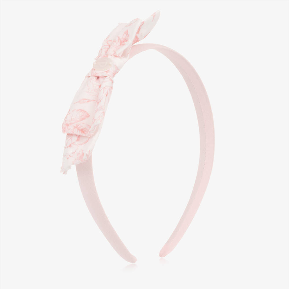Patachou-Girls White & Pink Floral Print Bow Hairband | Childrensalon