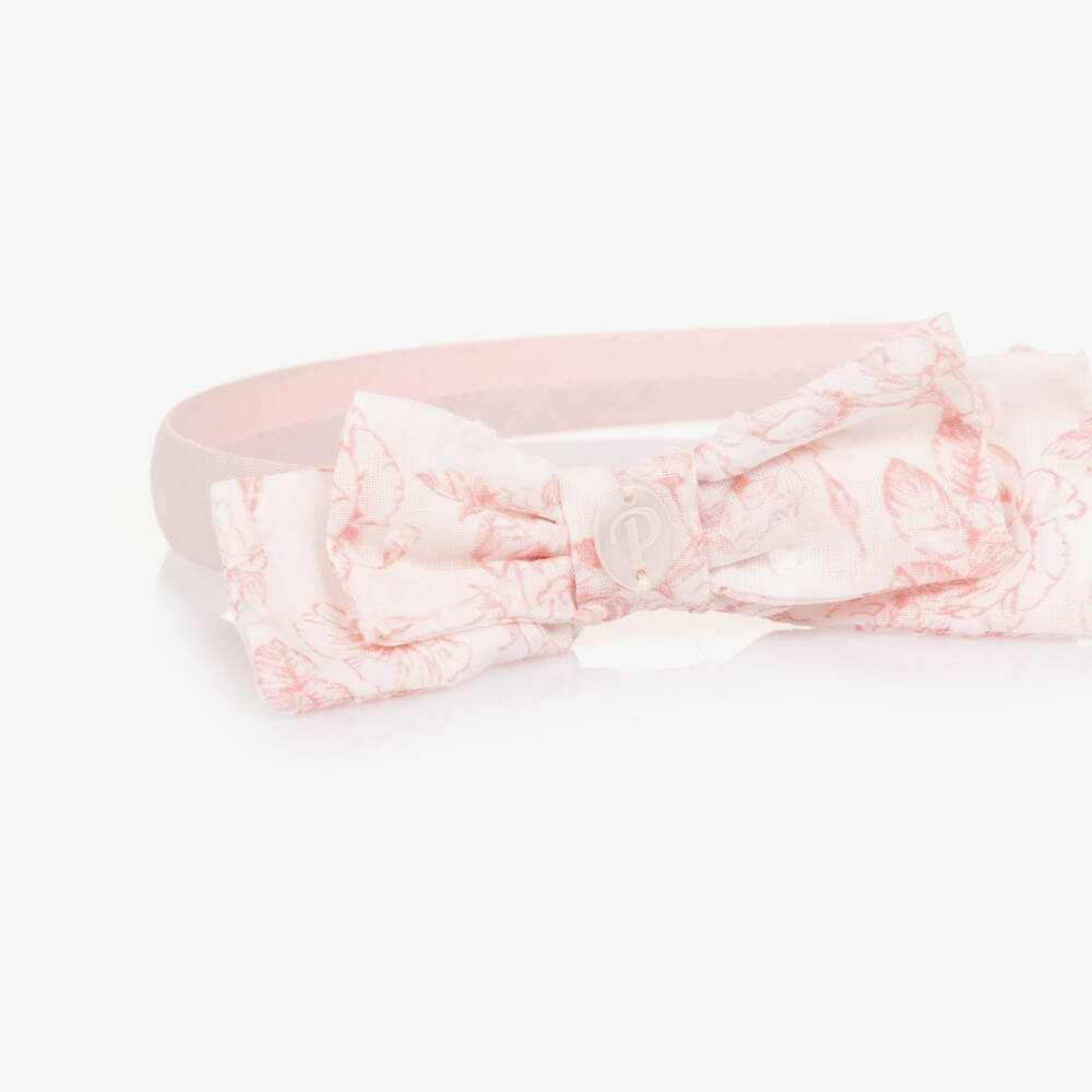 Patachou-Girls White & Pink Floral Print Bow Hairband | Childrensalon