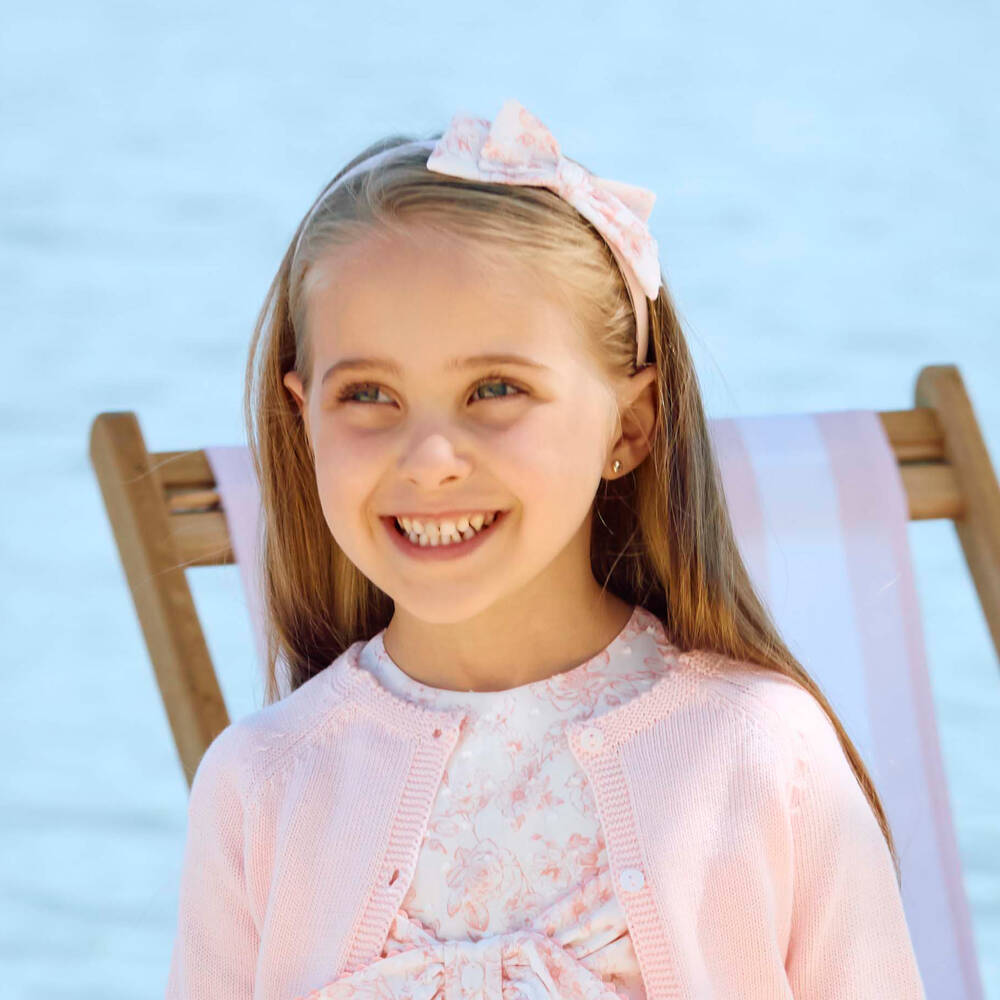 Patachou-Girls White & Pink Floral Print Bow Hairband | Childrensalon