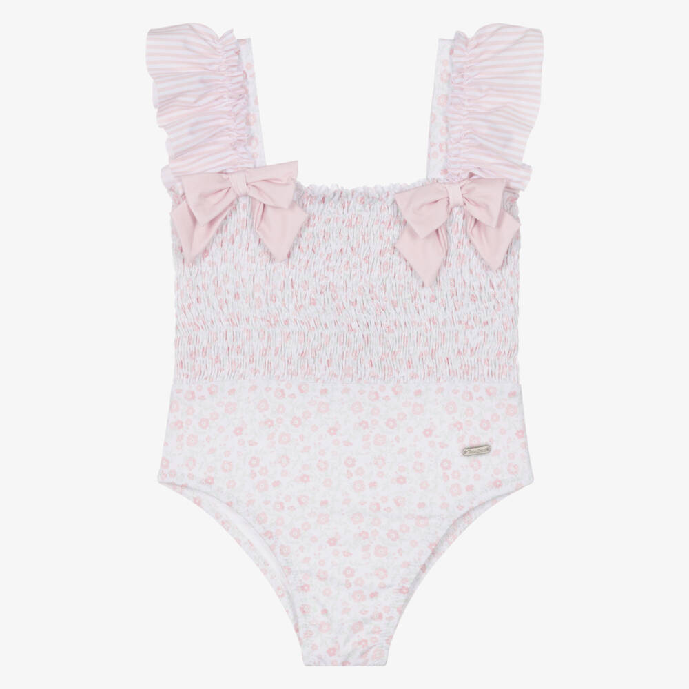 Patachou-Girls White & Pink Floral Swimsuit with Striped Ruffle Trim | Childrensalon
