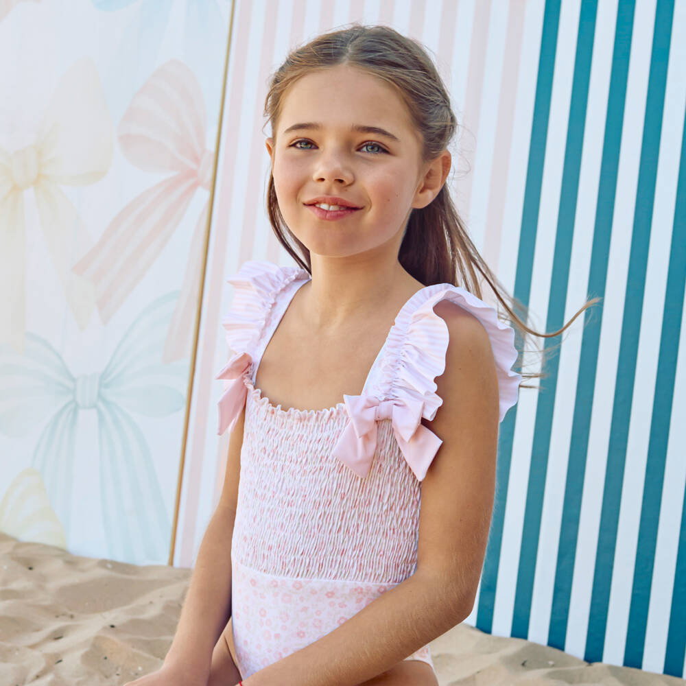 Patachou-Girls White & Pink Floral Swimsuit with Striped Ruffles (UV50) | Childrensalon