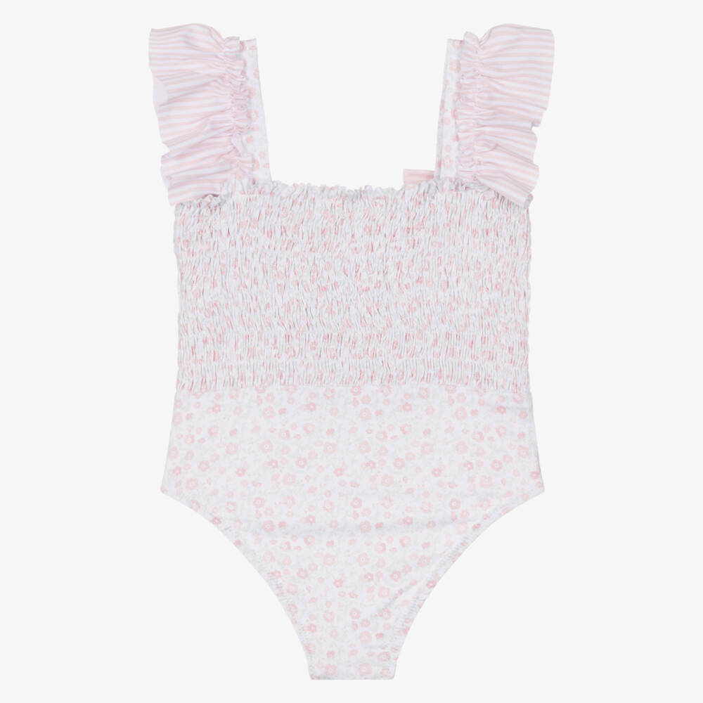Patachou-Girls White & Pink Floral Swimsuit with Striped Ruffles (UV50) | Childrensalon