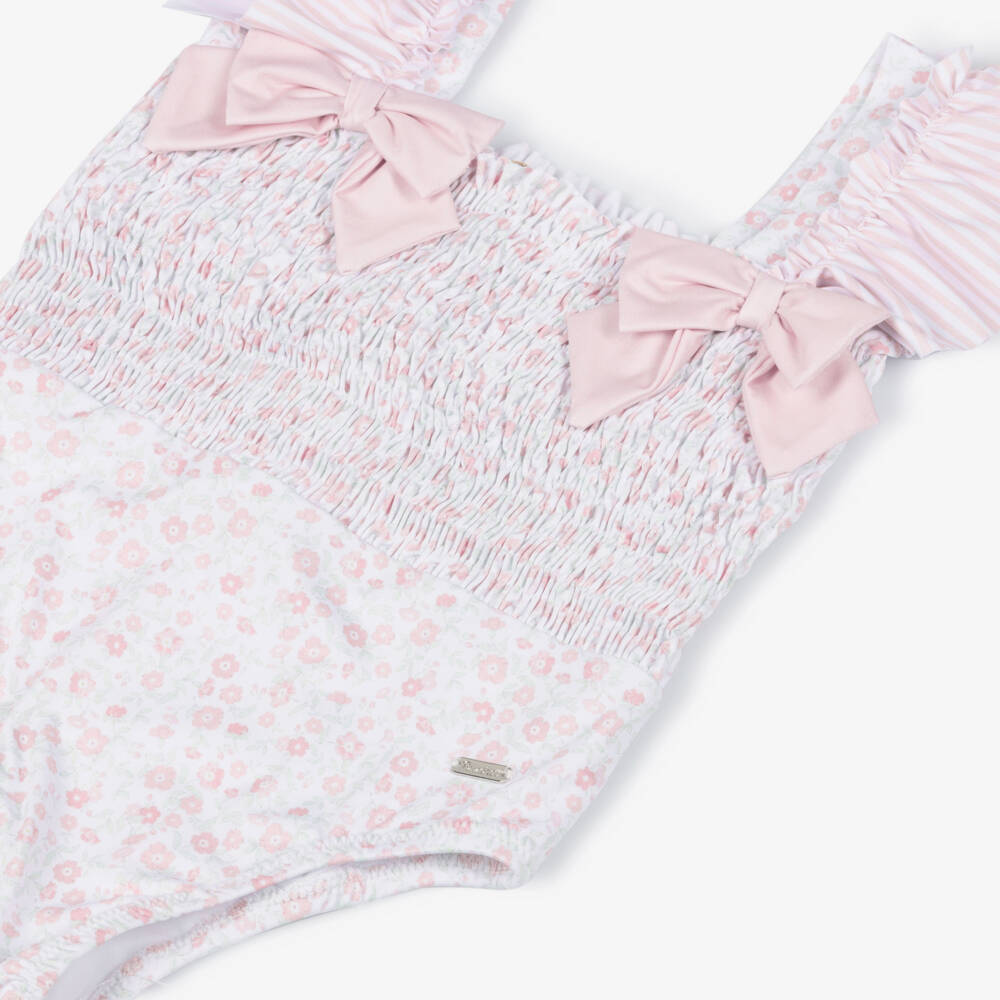 Patachou-Girls White & Pink Floral Swimsuit with Striped Ruffles (UV50) | Childrensalon