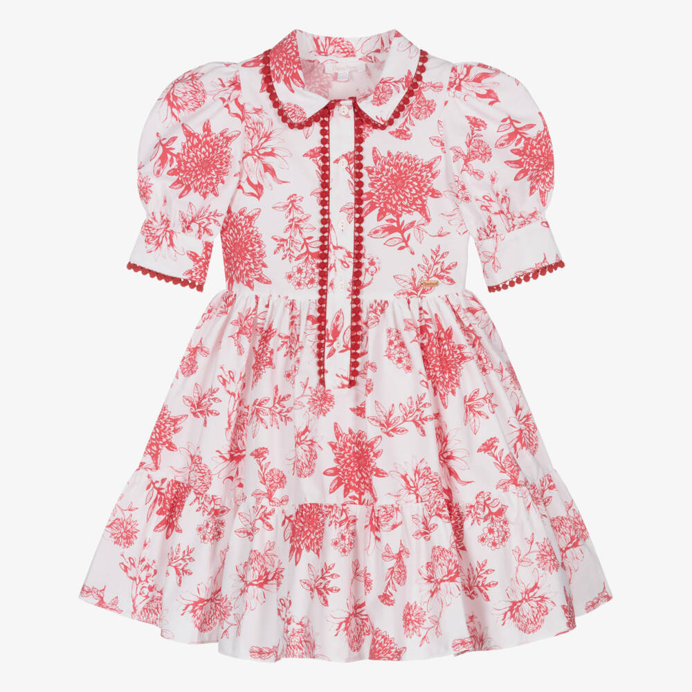 Patachou-Girls White & Red Floral Cotton Dress | Childrensalon