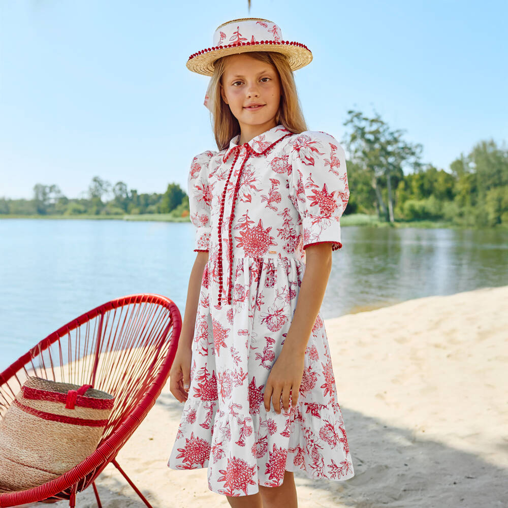 Patachou-Girls White & Red Floral Cotton Dress | Childrensalon