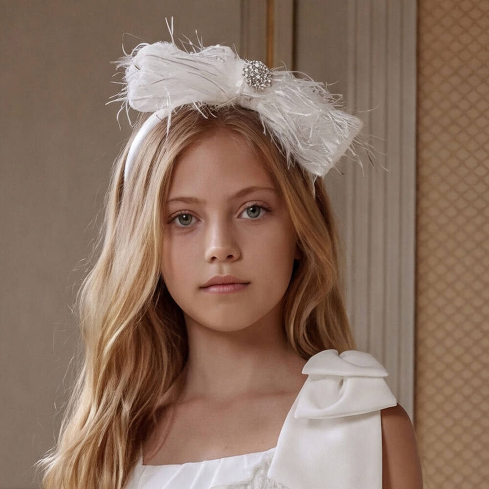 Patachou-Girls White & Silver Bow Hairband with Feathery Details | Childrensalon