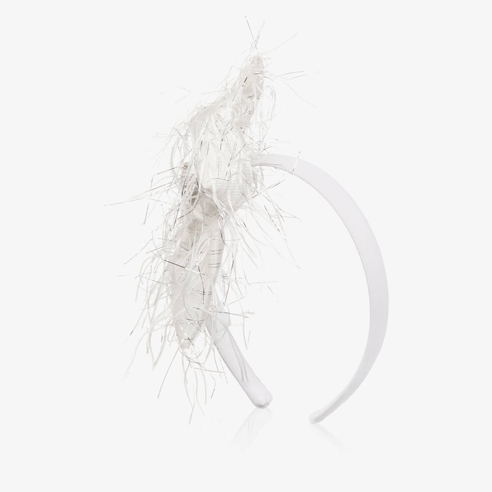 Patachou-Girls White & Silver Bow Hairband with Feathery Details | Childrensalon