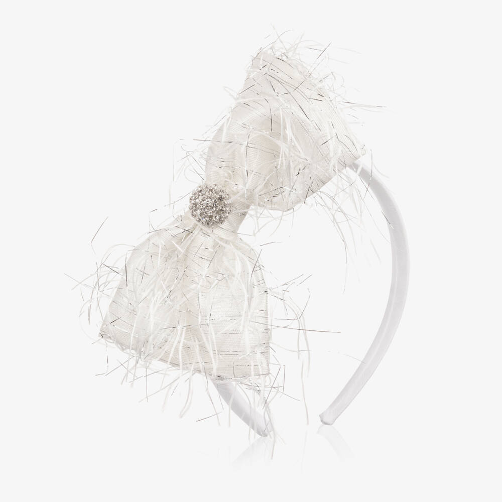 Patachou-Girls White & Silver Bow Hairband with Feathery Details | Childrensalon