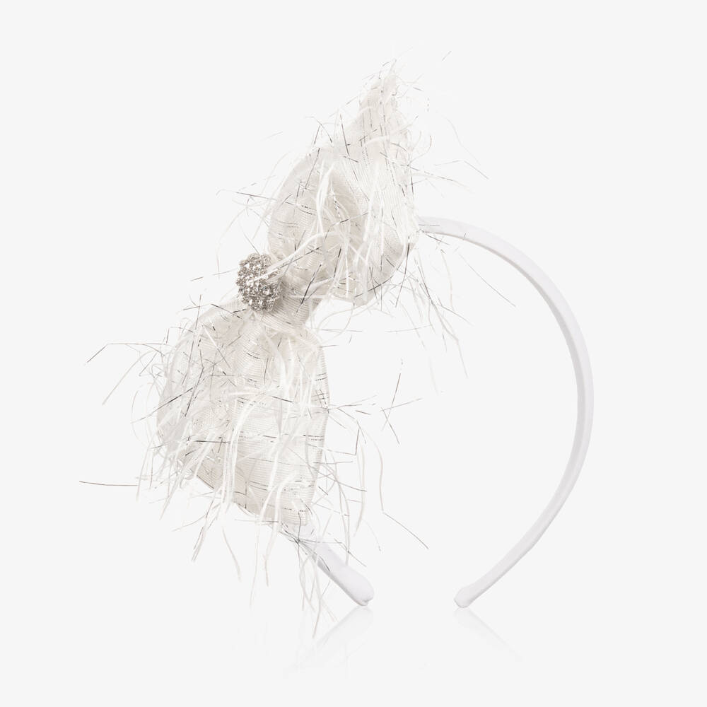 Patachou-Girls White & Silver Bow Hairband with Feathery Details | Childrensalon