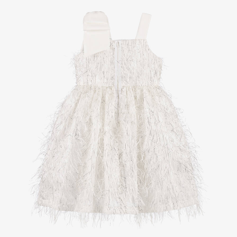 Patachou-Girls White & Silver Dress with Feathery Details | Childrensalon