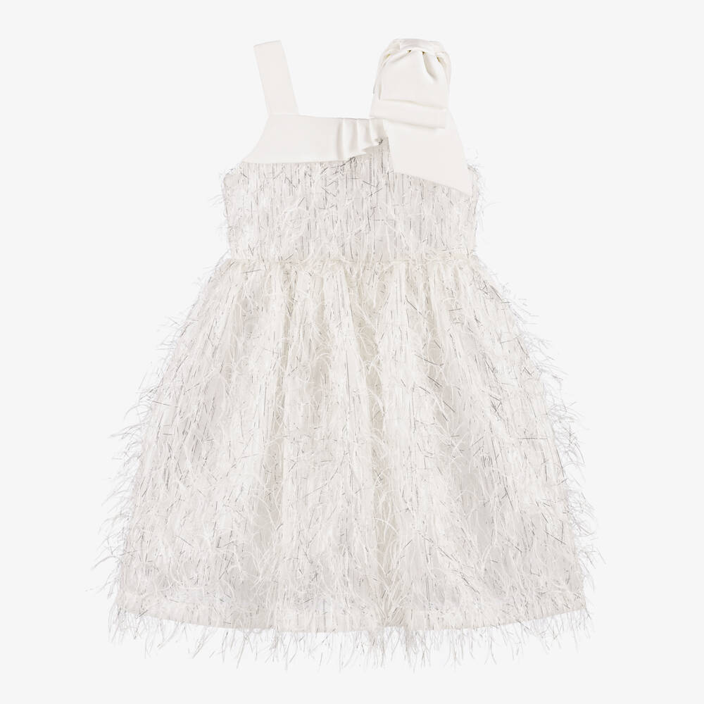Patachou-Girls White & Silver Dress with Feathery Details | Childrensalon