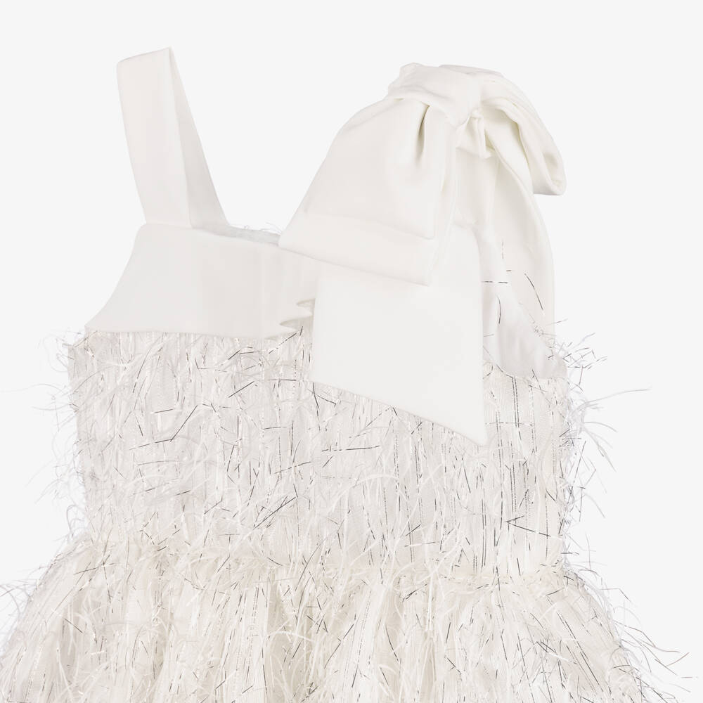 Patachou-Girls White & Silver Dress with Feathery Details | Childrensalon
