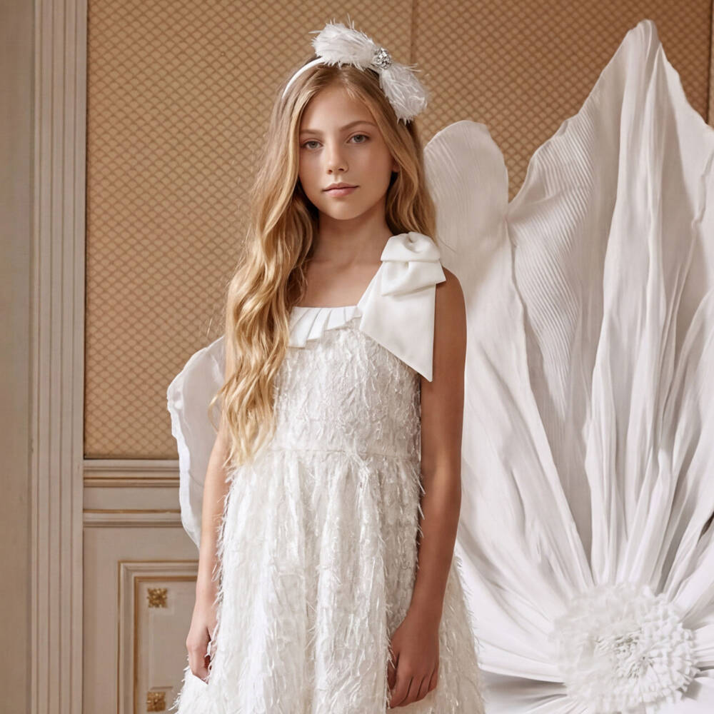 Patachou-Girls White & Silver Dress with Feathery Details | Childrensalon