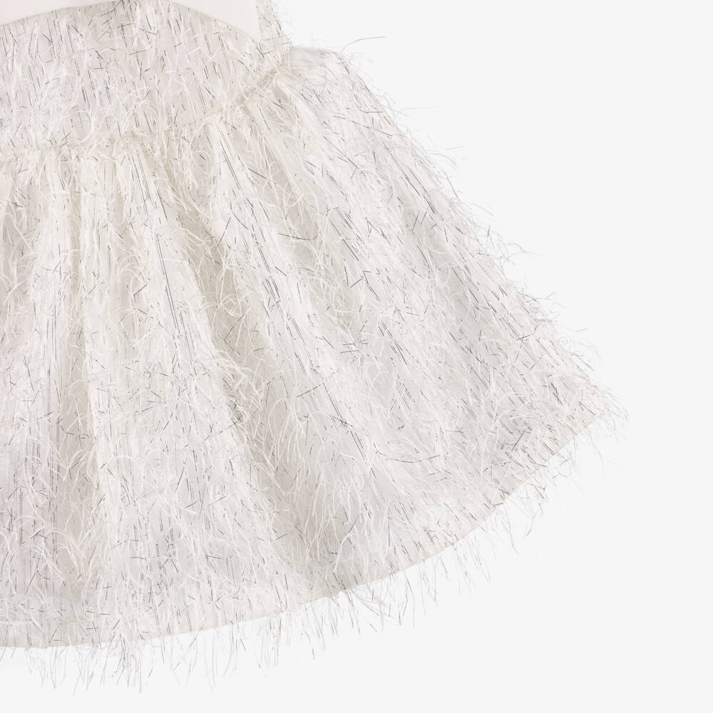 Patachou-Girls White & Silver Dress with Feathery Details | Childrensalon
