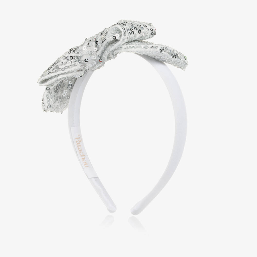 Patachou-Girls White & Silver Sequinned Bow Hairband | Childrensalon