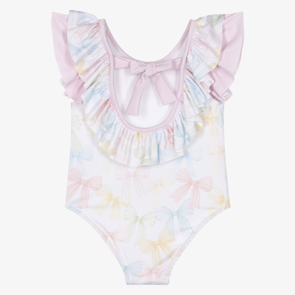 Patachou-Girls White Swimsuit with Pastel Bow Print (UV50) | Childrensalon