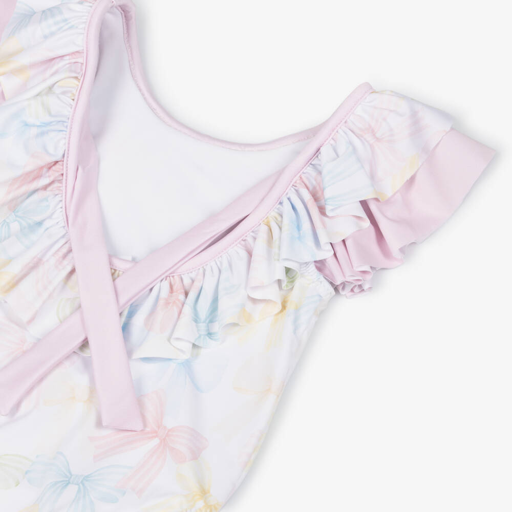 Patachou-Girls White Swimsuit with Pastel Bow Print (UV50) | Childrensalon