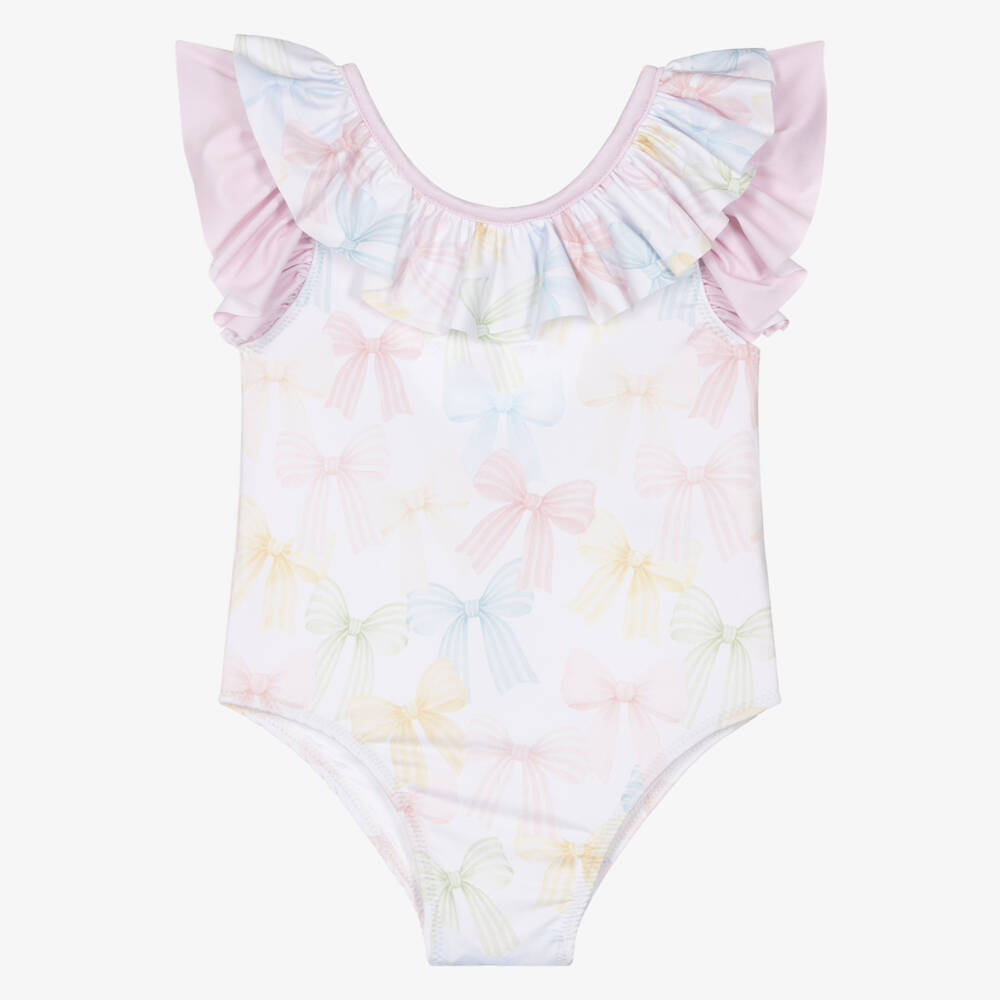 Patachou-Girls White Swimsuit with Pastel Bow Print (UV50) | Childrensalon
