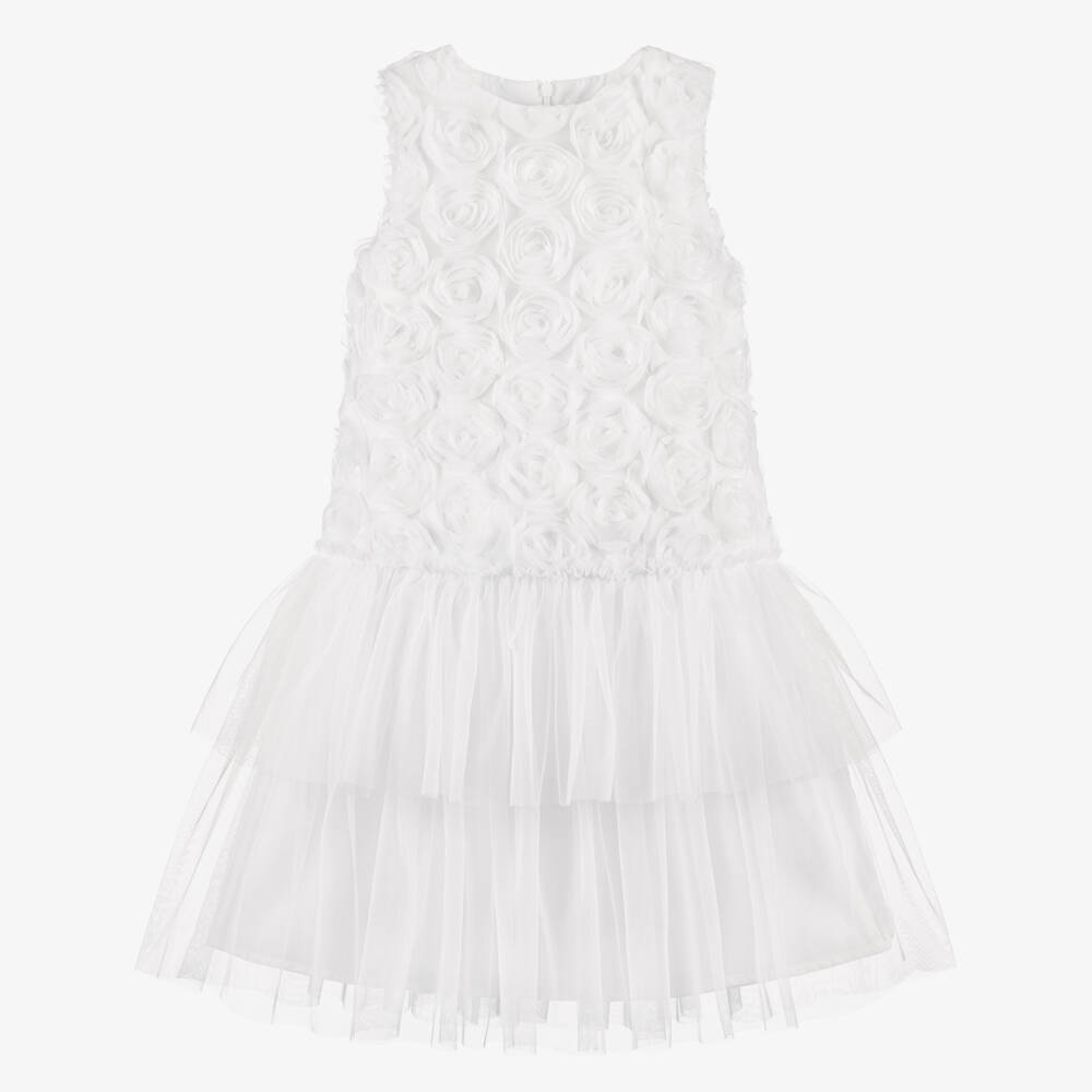 Patachou-Girls White Tulle Dress with 3D Roses | Childrensalon
