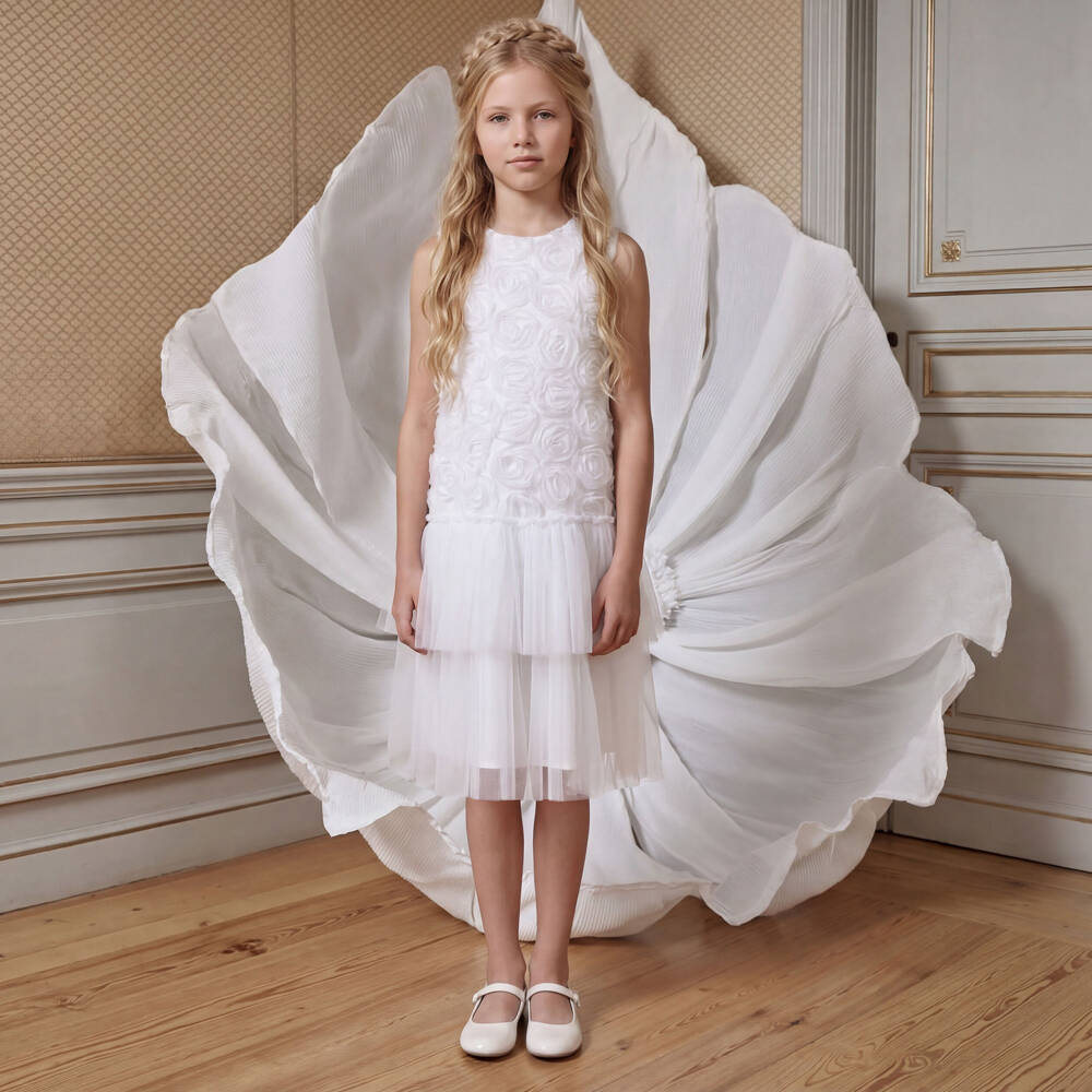 Patachou-Girls White Tulle Dress with 3D Roses | Childrensalon